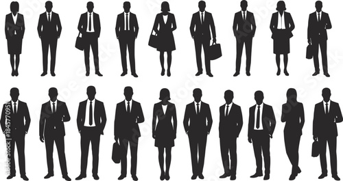 Silhouettes of business people in suits standing in two rows on a white background woman