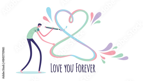 Man drawing heart with colorful lines and text love you forever