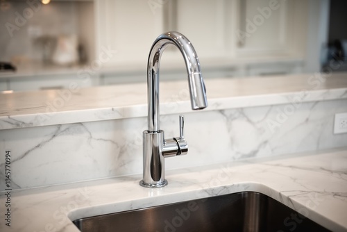 Modern chrome kitchen faucet centered on marble counter with undermount sink