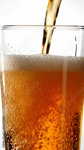 Pouring Beer Into a Glass, Close Up View of Liquid Filling Glass With Froth and Bubbles