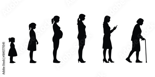 Silhouettes of women at different life stages from childhood to old age woman female