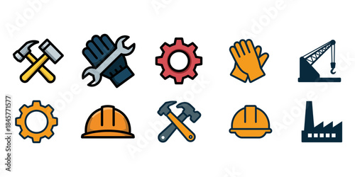 A set of industrial icons for Labor Day, featuring tools, machinery, and factory symbols
