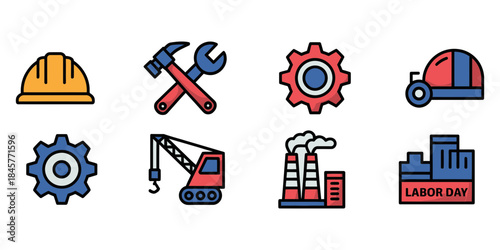 A set of industrial icons for Labor Day, featuring tools, machinery, and factory symbols