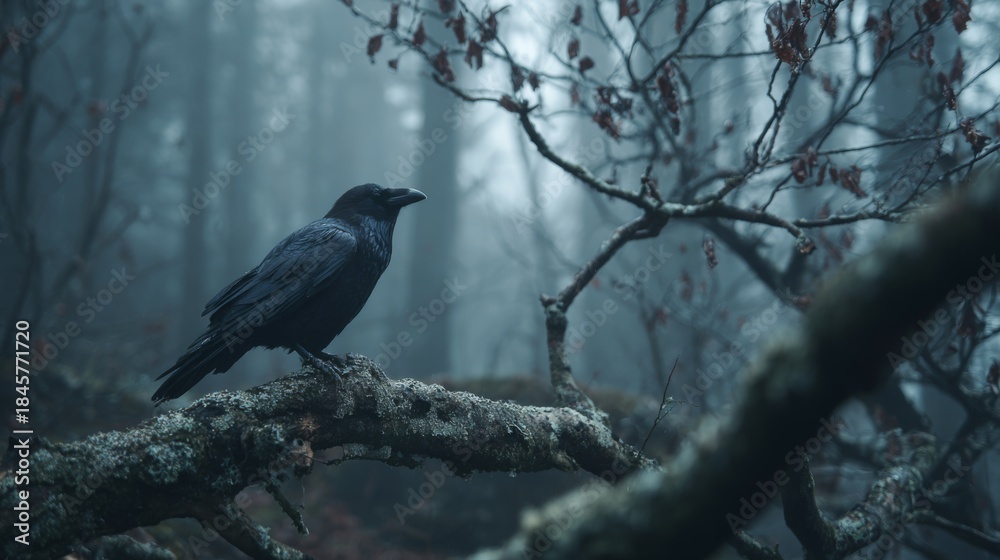 Obraz premium Raven Perched on a Gnarled Branch in a Dark and Mystical Foggy Forest Setting