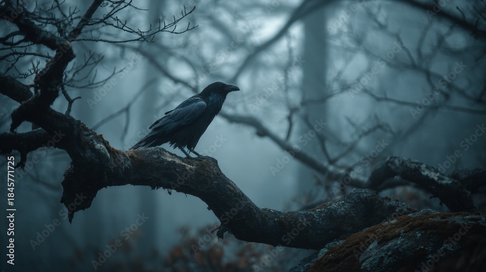 Obraz premium Raven Perched on Gnarled Branch in Foggy Dark Forest Creating Mystical Atmosphere for Nature Photography