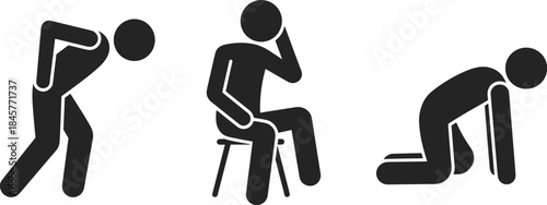 Stick Figure Poses Showing Back Pain Sitting and Kneeling on White Background Keywords: stick figure, icon, pictogram, human