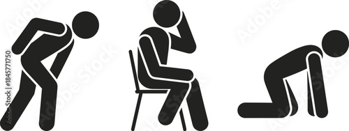 Stick Figure Poses Showing Back Pain Sitting and Kneeling on White Background Keywords: stick figure, icon, pictogram, human
