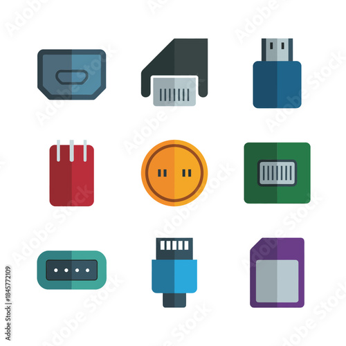 Multimedia connection interface illustration set featuring hdmi vga usb display audio ports flat vector design elements graphics collection