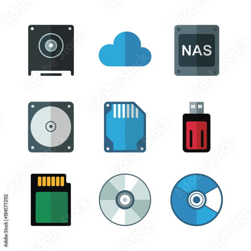 Digital storage and cloud computing icon set with hard drives nas memory cards disks flat vector illustration collection