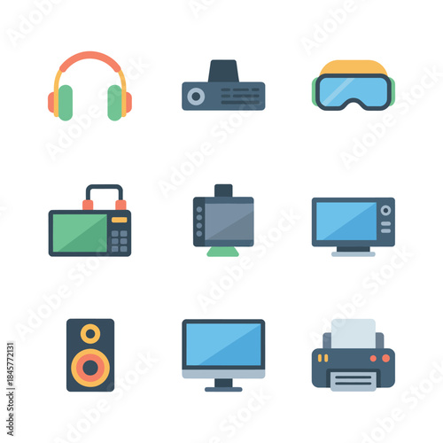 Digital gadget and media device icon collection with headphones displays printers cameras gaming headsets flat vector illustration assets