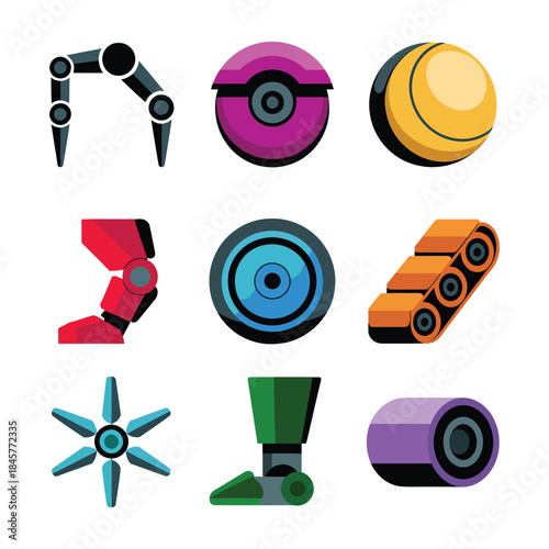 Robotics mobility and machine parts icon collection with wheels arms tracks propellers automation flat vector illustration set