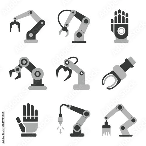 Industrial robotic arm and automation equipment icon collection with grippers joints hands factory robotics flat vector illustration