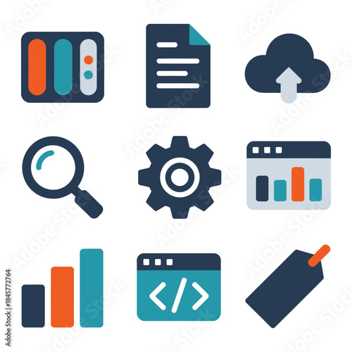 Digital analytics and website performance monitoring icon set with chart code search settings report flat vector design