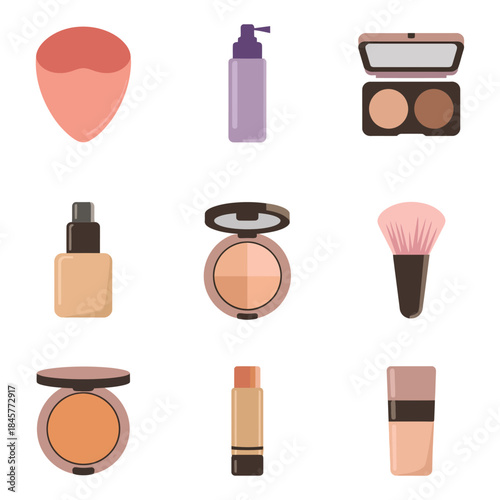 Cosmetic face makeup essentials icon collection with primer foundation blush palette sponge brush beauty flat vector illustration