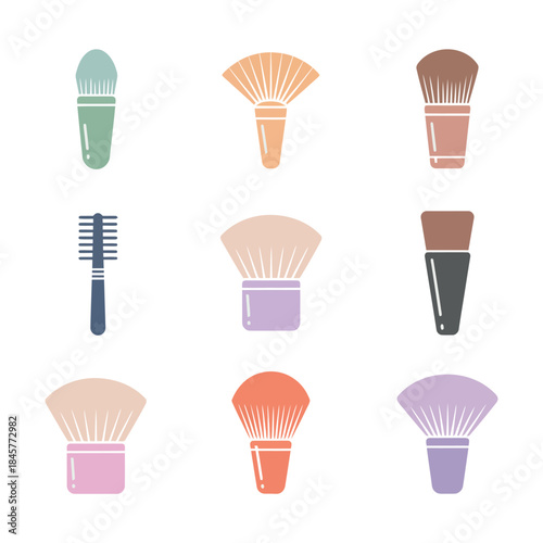 Beauty makeup essentials icon pack featuring concealer foundation blush powder brush cosmetic tools flat vector illustration