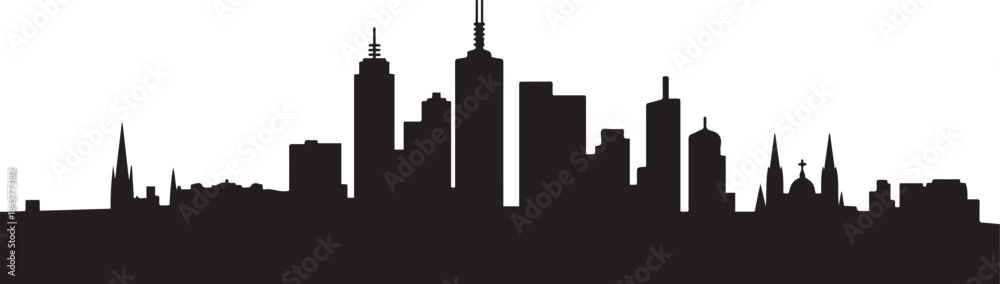 Naklejka premium Melbourne skyline vector banner. design Vector black silhouette