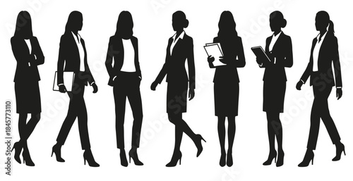 Professional businesswomen silhouettes in formal office attire walking and working confidently representing leadership career success isolated on white background