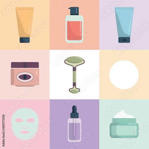 Modern skincare cosmetics illustration set featuring cleanser toner serum cream face mask beauty routine flat vector design
