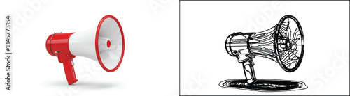 Two Megaphone Illustrations: 3D Rendered Red and White, and Hand-Drawn Line Art Isolated