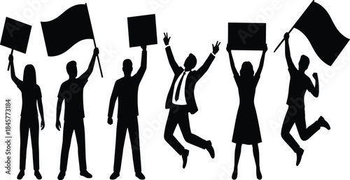 Protest silhouettes holding banners and flags expressing unity freedom activism demonstration isolated on white background concept illustration design