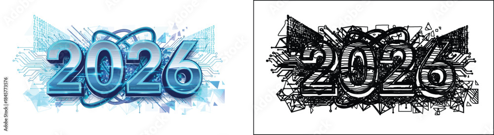 Naklejka premium Set of 2026 Vector Graphics: Blue Glossy Modern Style and Black Grunge Distressed Style
