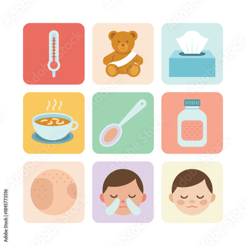 Child fever care and home sickness recovery icon set with thermometer teddy tissue soup medicine flat vector illustration