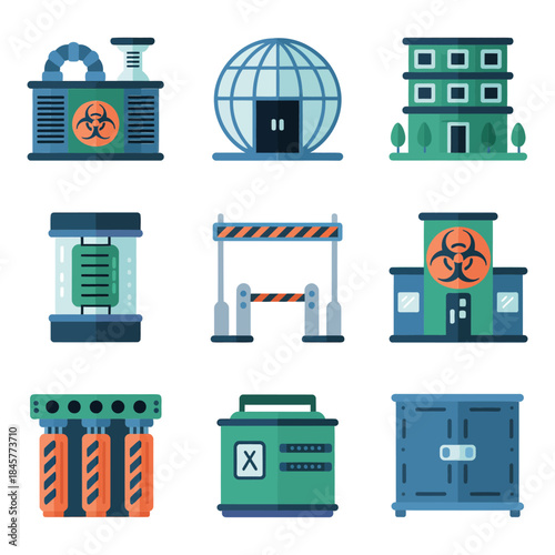 Biohazard containment and restricted zone building icons collection with security gates waste containers flat vector illustration design