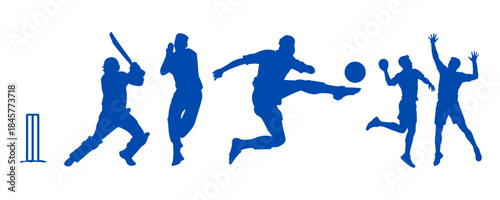 A collection of blue silhouettes showcasing different sports like cricket, football, and handball