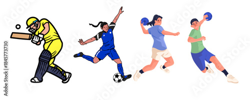 Diverse athletes participating in various sports including cricket, soccer, and handball