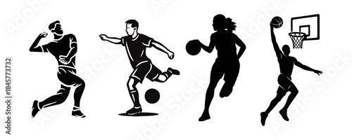 Silhouettes of athletes playing different popular sports like soccer, basketball, and baseball