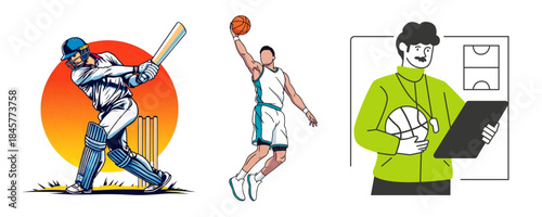A collection of illustrations showing various sports activities and coaching concepts