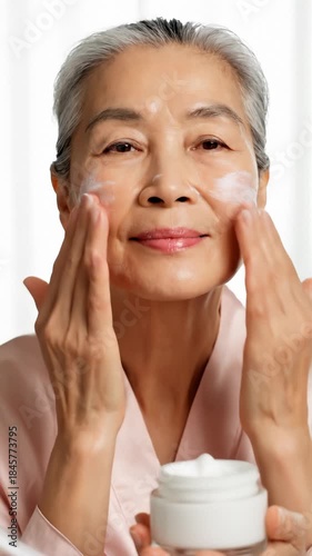 Mature Woman Applying Moisturizer Cream to Her Face