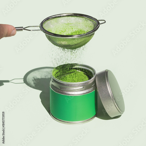 Matcha powder being sifted back into blank matcha powder tin on green background