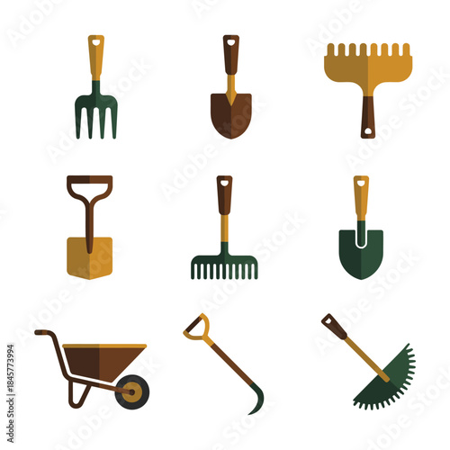 Gardening hand tools icon set with shovel rake hoe fork wheelbarrow agriculture flat vector illustration collection