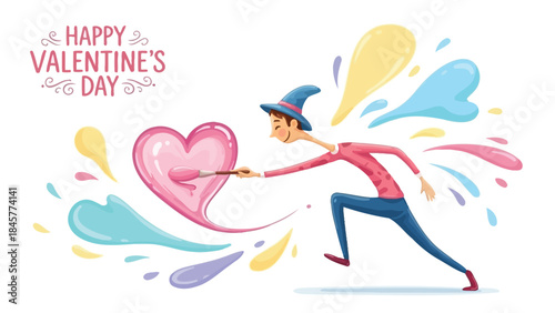 Man painting a large pink heart with colorful splatters on valentine's day