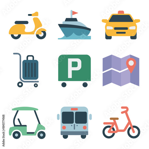 Vacation transport icon set, scooter taxi boat bus map luggage symbols, holiday travel navigation concept, colorful flat vector