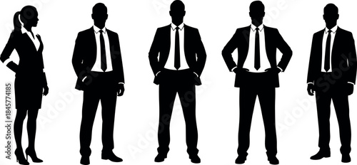 Business people silhouettes set featuring confident male and female professionals in suits isolated on white background vector illustration for branding