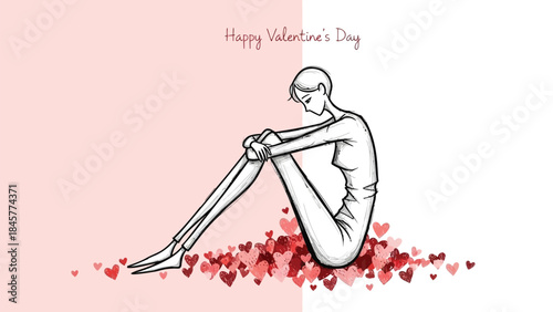 A lone person sitting on the ground surrounded by hearts on valentine's day