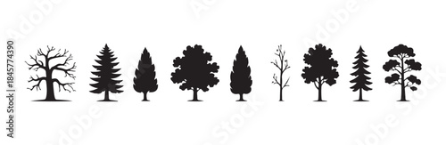 Set of nine diverse black tree icons displaying various foliage types and branch structures for environment art