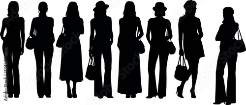 Fashionable women silhouettes standing with handbags vector illustration isolated on white background modern female style diversity concept urban fashion collection