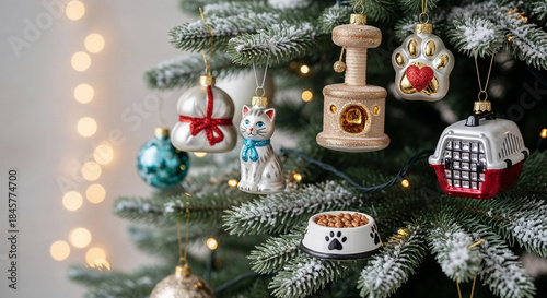 Playful Cat Christmas Ornaments on Frosted Pet Themed Christmas Tree for Feline Holiday Decorations, Unique Pet Decor Blogs, and Animal Lover Seasonal Greetings