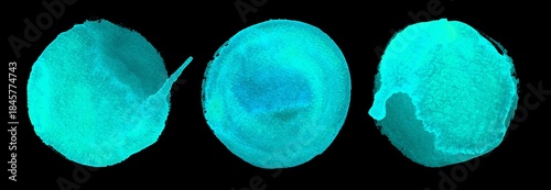Fotografie Round green and blue watercolor frame, circle shape form isolated on black background