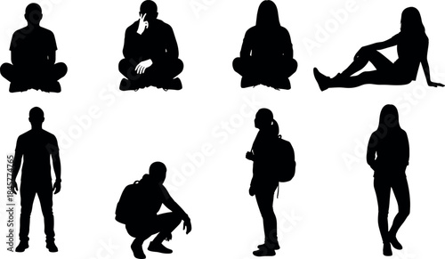 Set of human silhouettes in various poses including sitting standing walking with backpack minimalist black vector illustration isolated white
