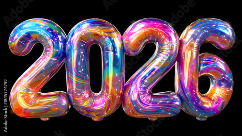 Colorful shiny balloons in the shape of 2026 on black background