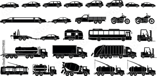 Vehicle silhouettes collection featuring cars trucks buses motorcycles construction transport icons isolated black vector set for logistics transportation design purposes