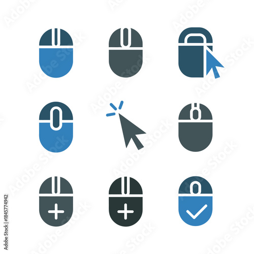 Mouse pointer interface icon set, click select confirm cursor symbols, digital navigation elements, modern flat vector design collection