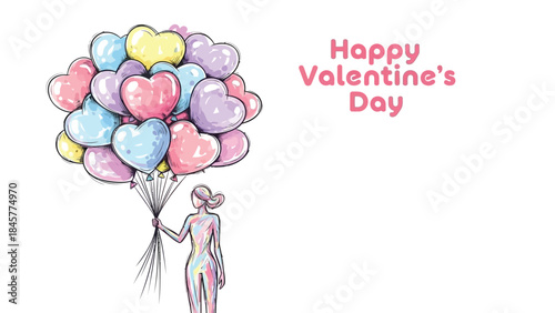 Woman holding colorful heart shaped balloons on valentine's day with a cheerful greeting