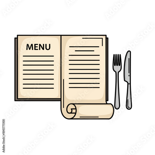 An open menu with a fork and knife, suggesting a dining or restaurant experience.