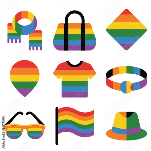 Rainbow fashion accessory icon set, bag shirt hat glasses flag heart symbols, pride celebration colorful flat vector illustration