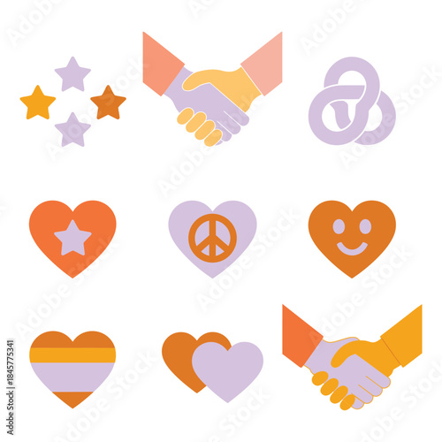 Pride support icon set, rainbow heart peace handshake star symbols, community solidarity equality theme, flat vector illustration design